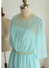 Blue Chiffon Elbow Sleeves Beads Sash Short Mother Dress